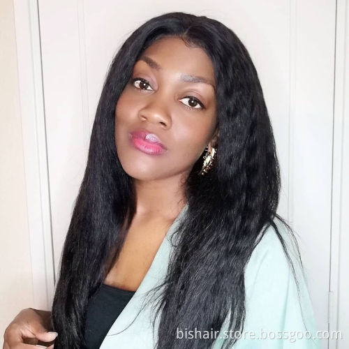 BIS Wholesale Yaki Wig Vendor 100% Brazilian Hair Wig 150% Density Kinky Straight 4*4 Closure Front Lace Wig For Black Women